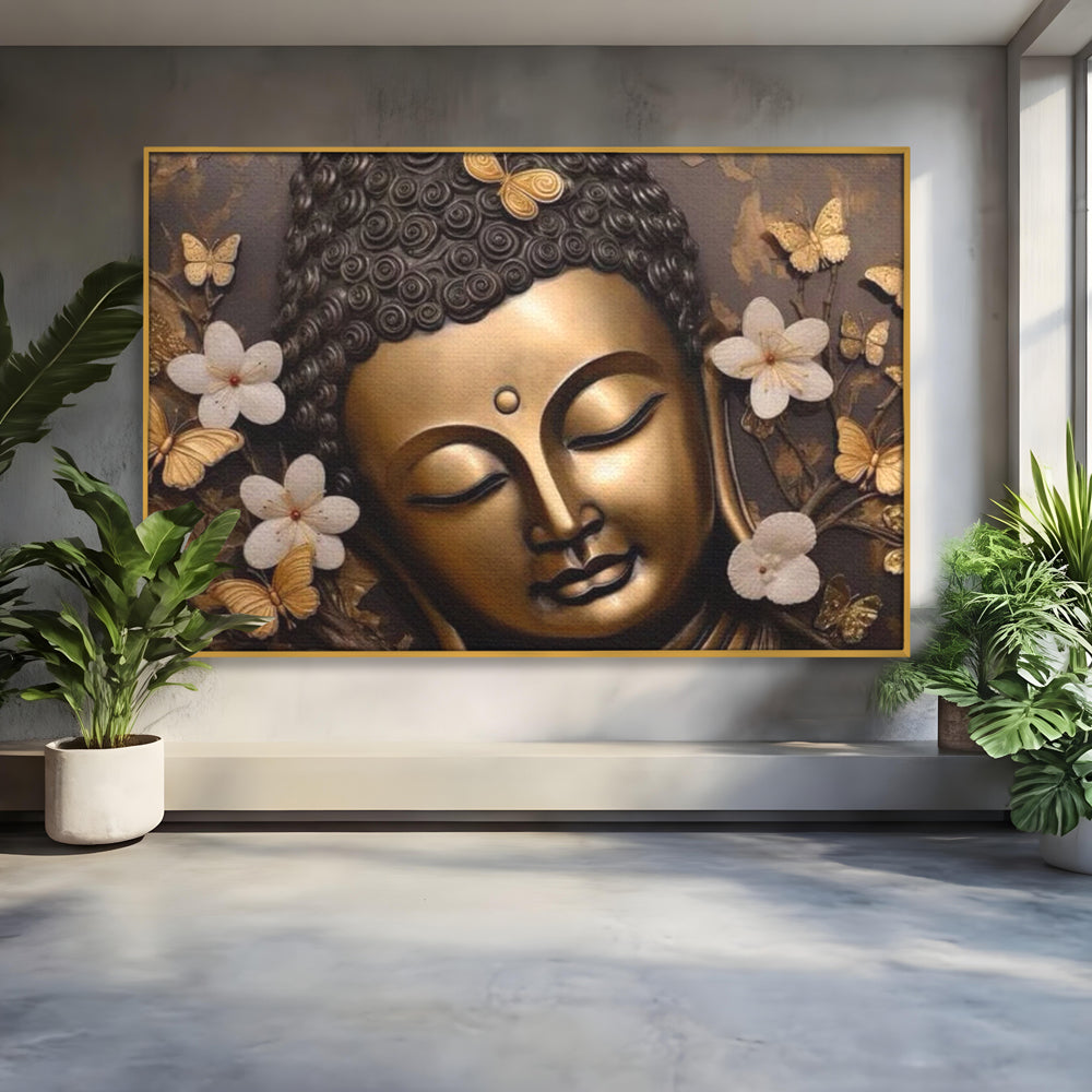 Tablou canvas cu tablou canvas cu capul lui buddha, in rama de aluminiu auriu